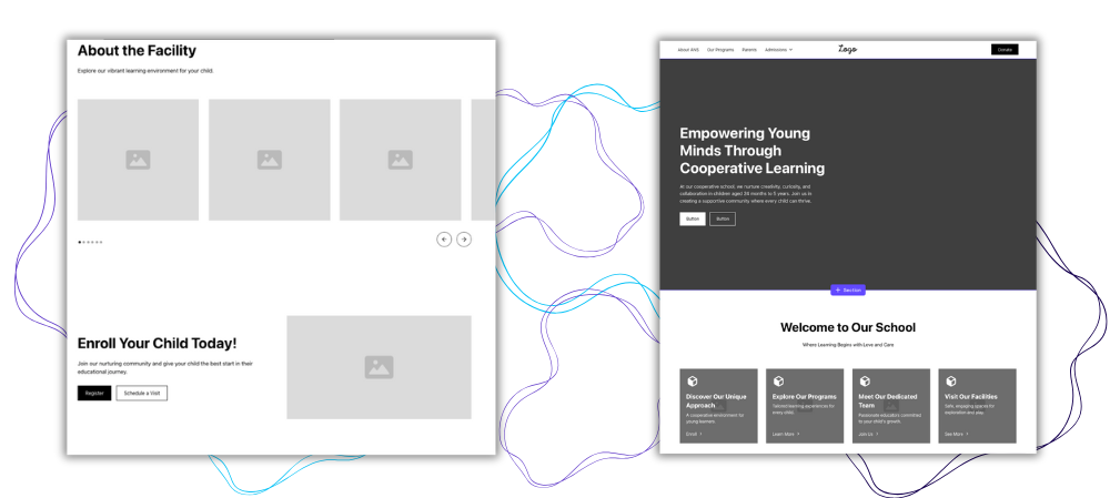 two screenshots of the initial layout of the new websites in grey no color or design