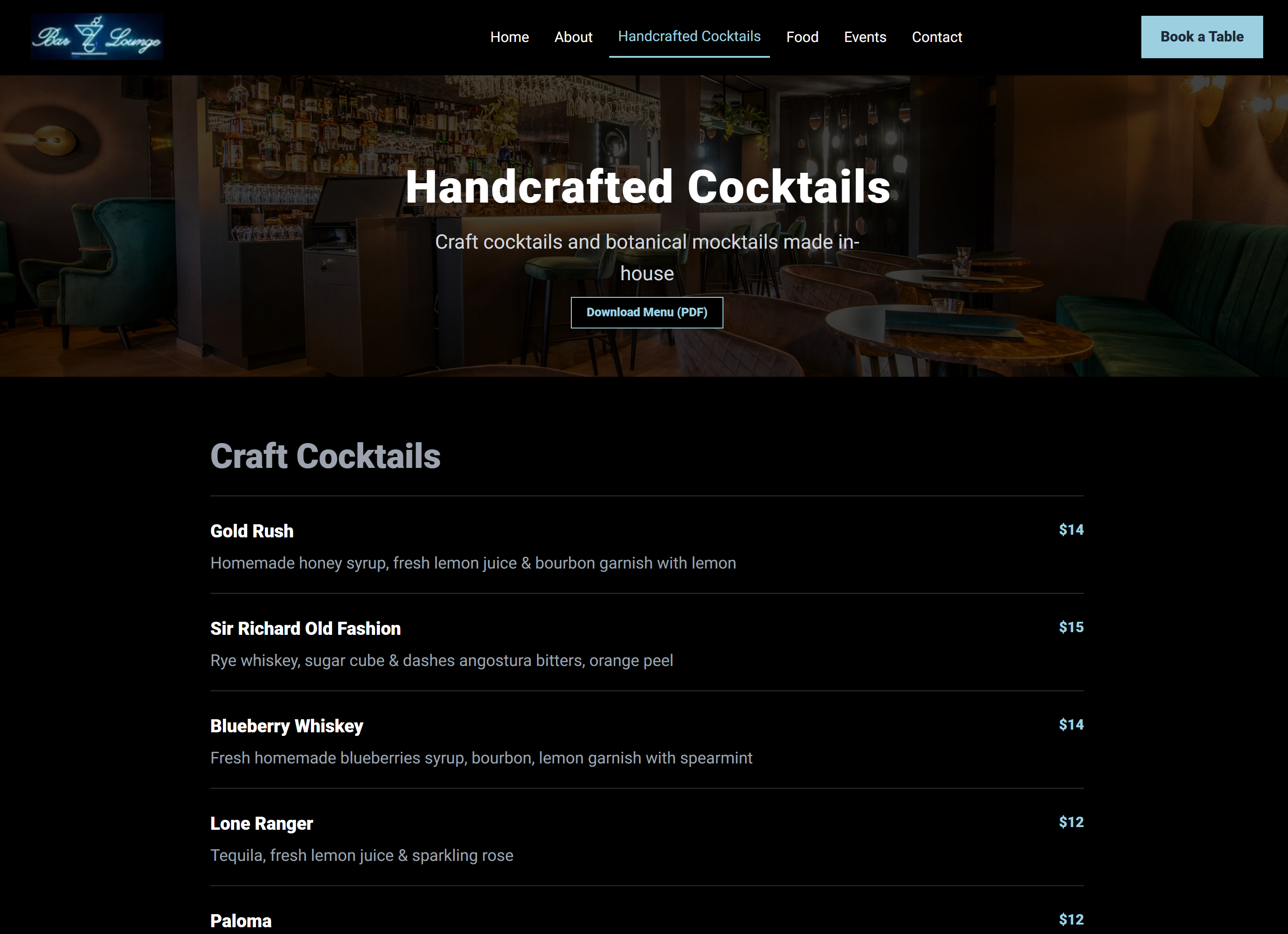 cocktails page for 22 Bar & Lounge