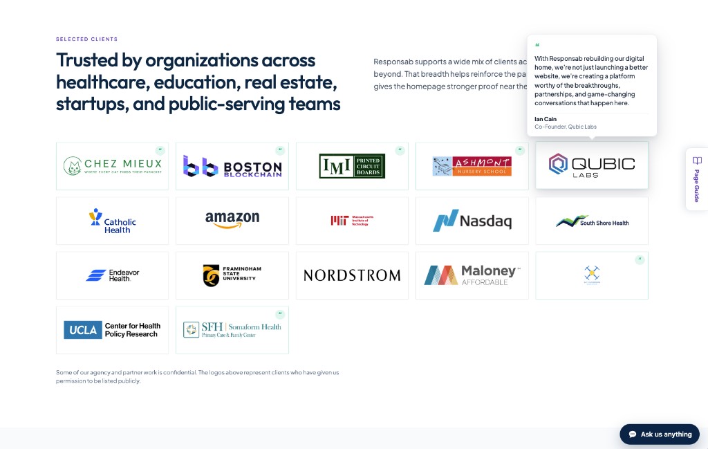 Selected Clients logo wall with a Qubic Labs testimonial tooltip