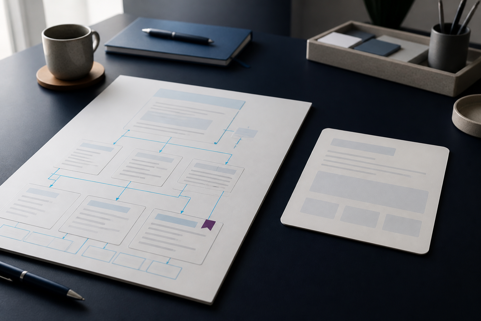 Calm navy editorial desk with a structured page outline and cyan pathway lines suggesting an owned content journey beside a plain unlabeled summary card, implying search answer compression without logos or fake traffic charts.