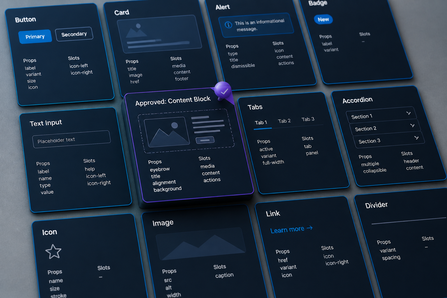Grid of aligned navy component cards with cyan borders and one elevated violet-pinned card, suggesting a governed design component library.