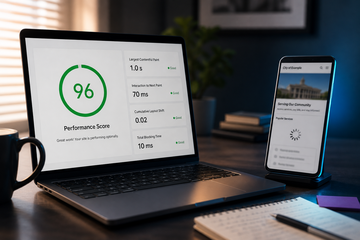 Desk with a laptop showing a green lab performance score and a smartphone displaying a slow-loading page, illustrating the gap between lab tests and field user experience.