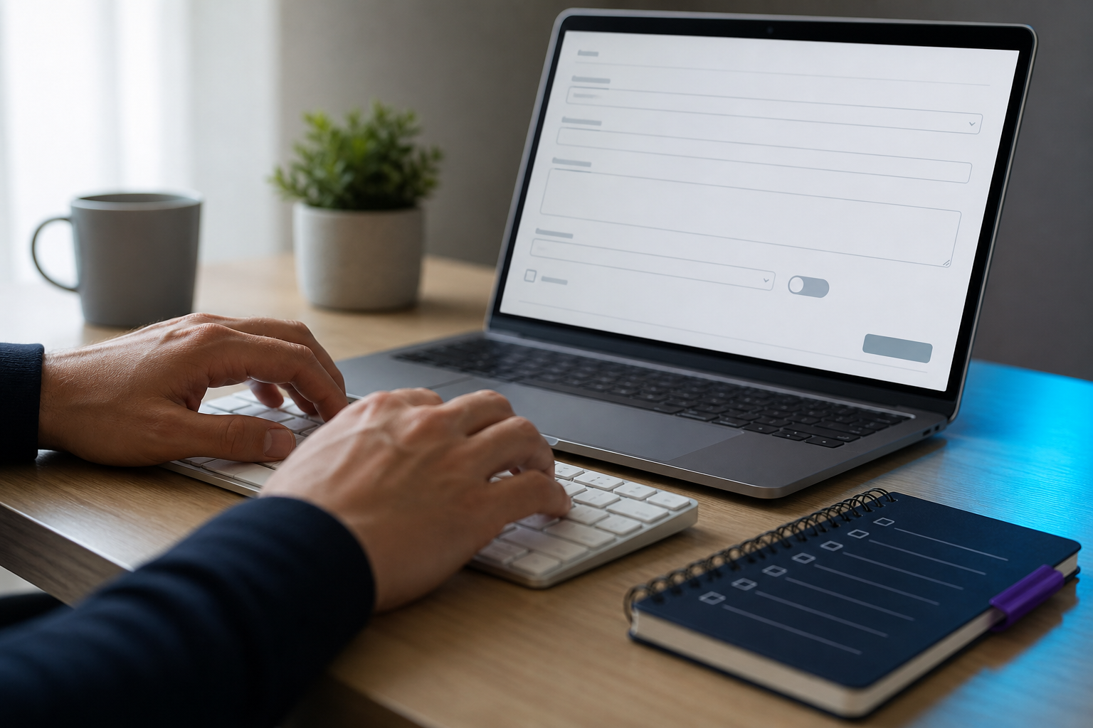 Hands using a keyboard beside a laptop with an unlabeled form, suggesting careful testing of critical accessibility journeys.
