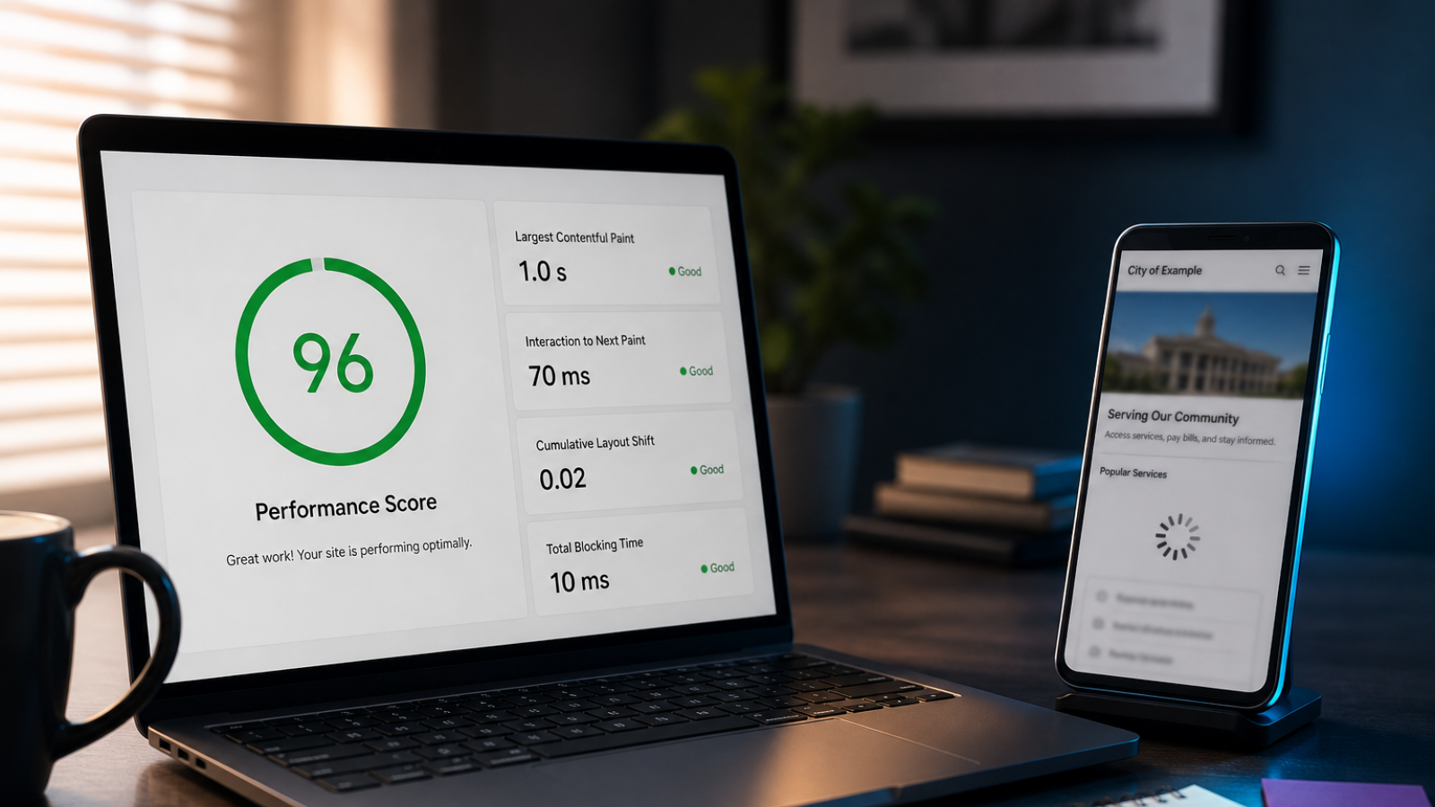 Desk with a laptop showing a green lab performance score and a smartphone displaying a slow-loading page, illustrating the gap between lab tests and field user experience.